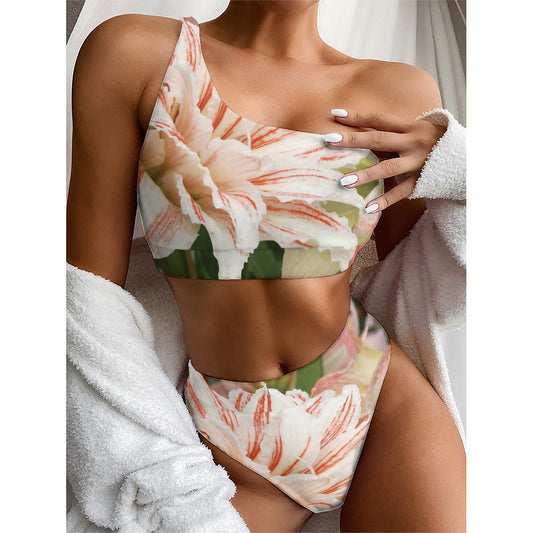 White And Pink Amaryllis Print One Shoulder Bikini Top
