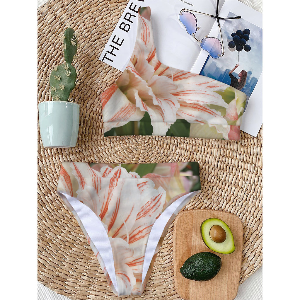 White And Pink Amaryllis Print One Shoulder Bikini Top