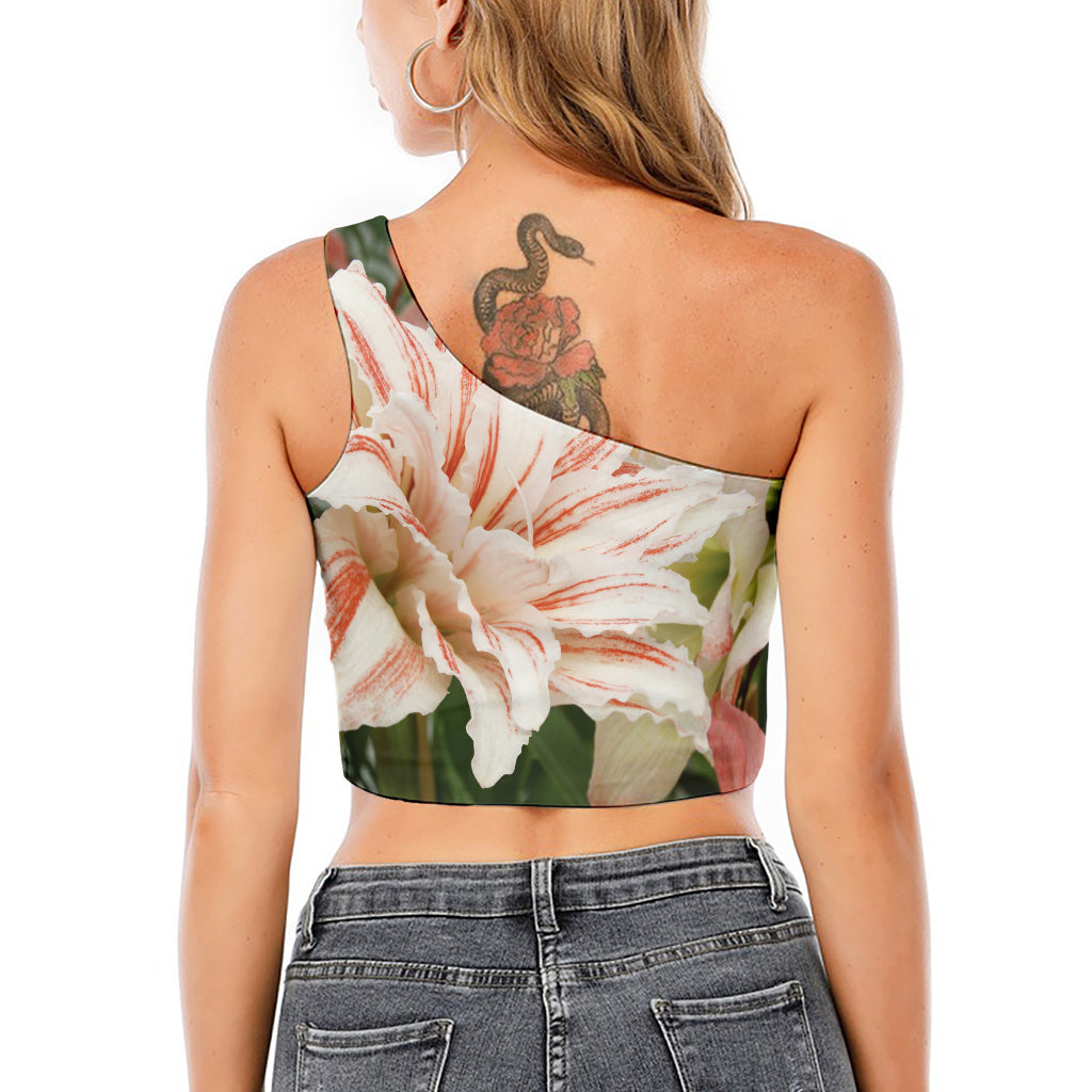 White And Pink Amaryllis Print One Shoulder Crop Top