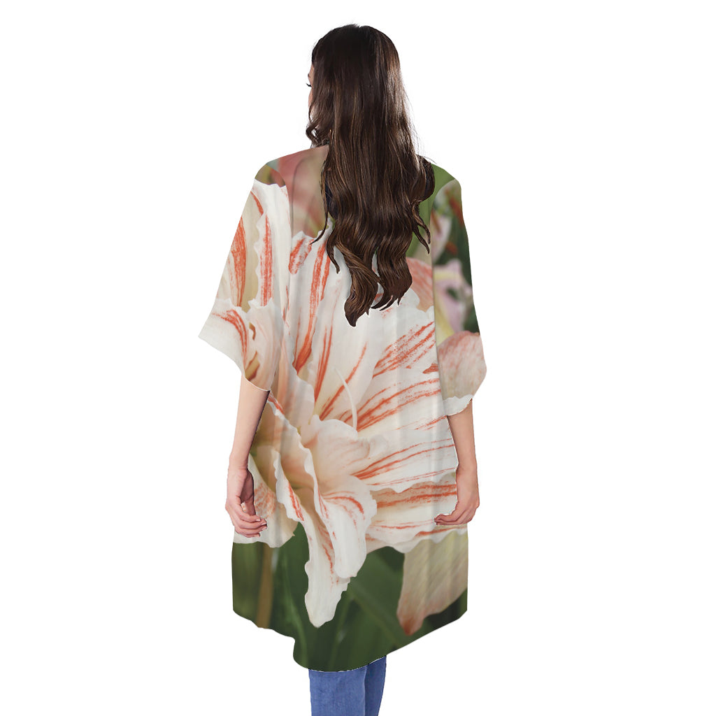 White And Pink Amaryllis Print Open Front Beach Cover Up