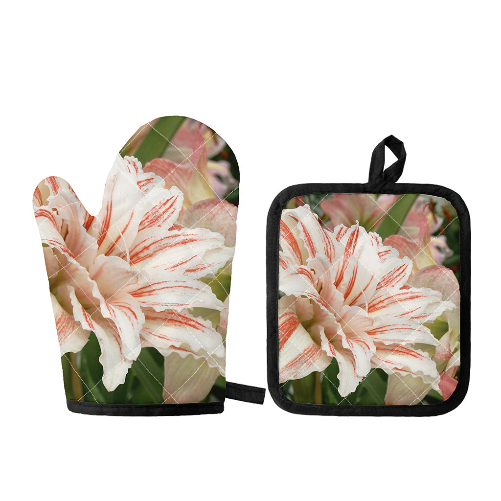 White And Pink Amaryllis Print Oven Mitt And Pot Holder Set