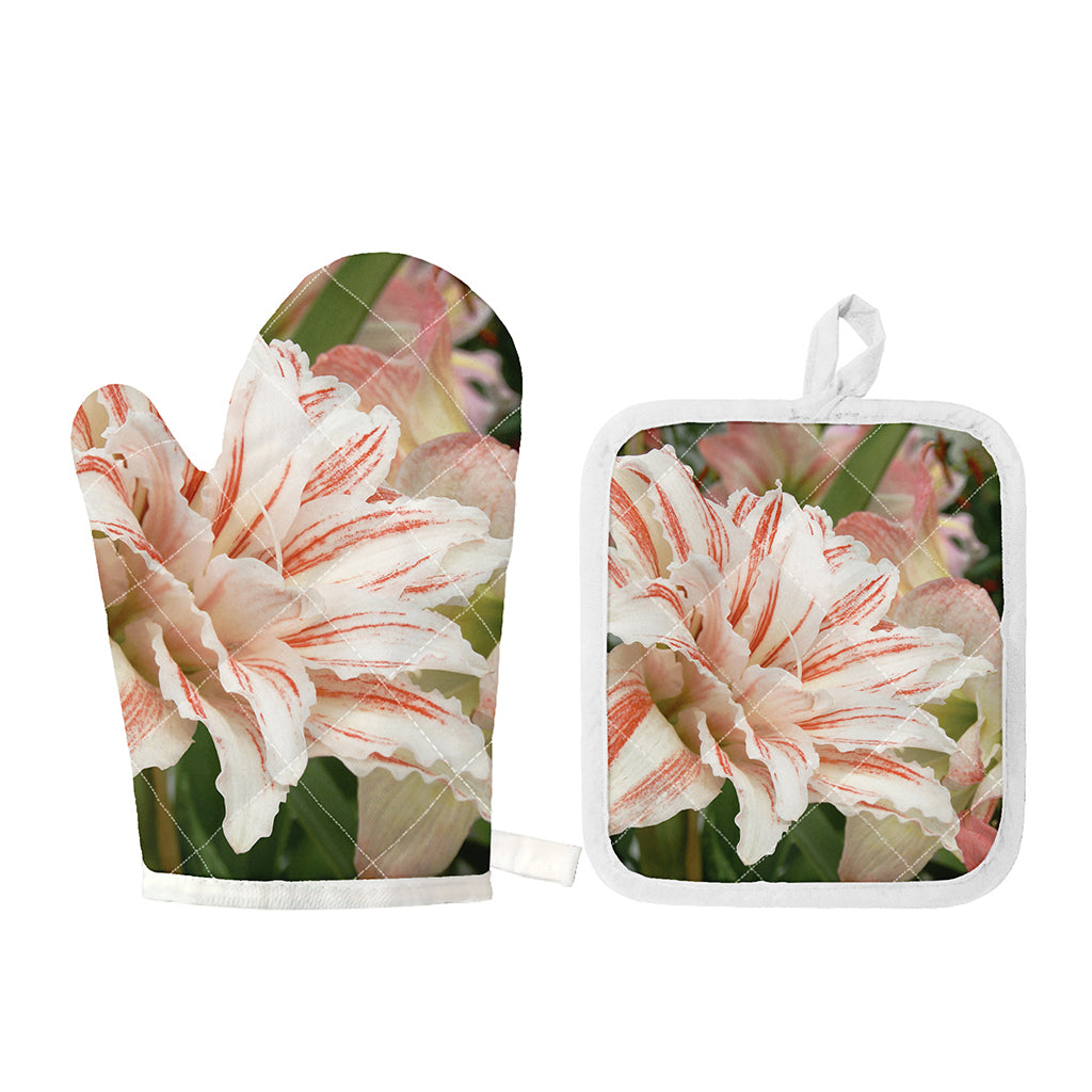 White And Pink Amaryllis Print Oven Mitt And Pot Holder Set