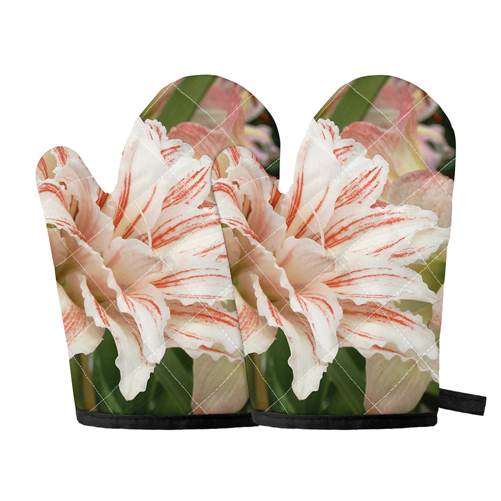 White And Pink Amaryllis Print Oven Mitts