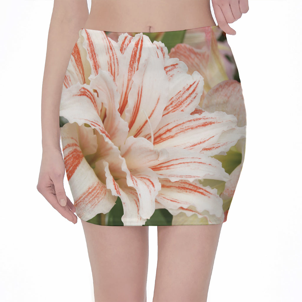 White And Pink Amaryllis Print Pencil Mini Skirt