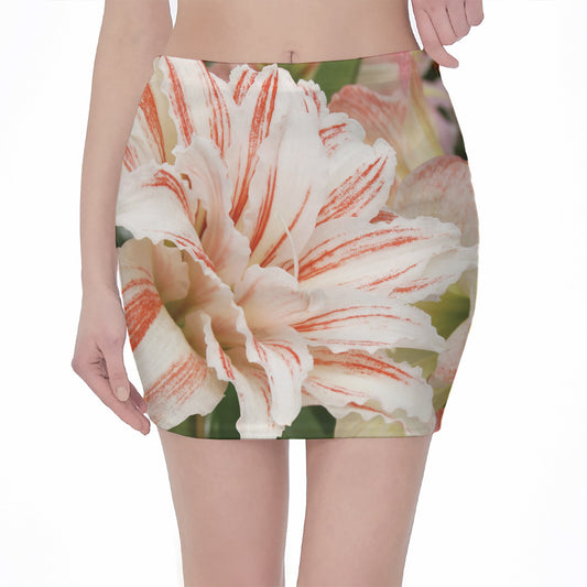White And Pink Amaryllis Print Pencil Mini Skirt