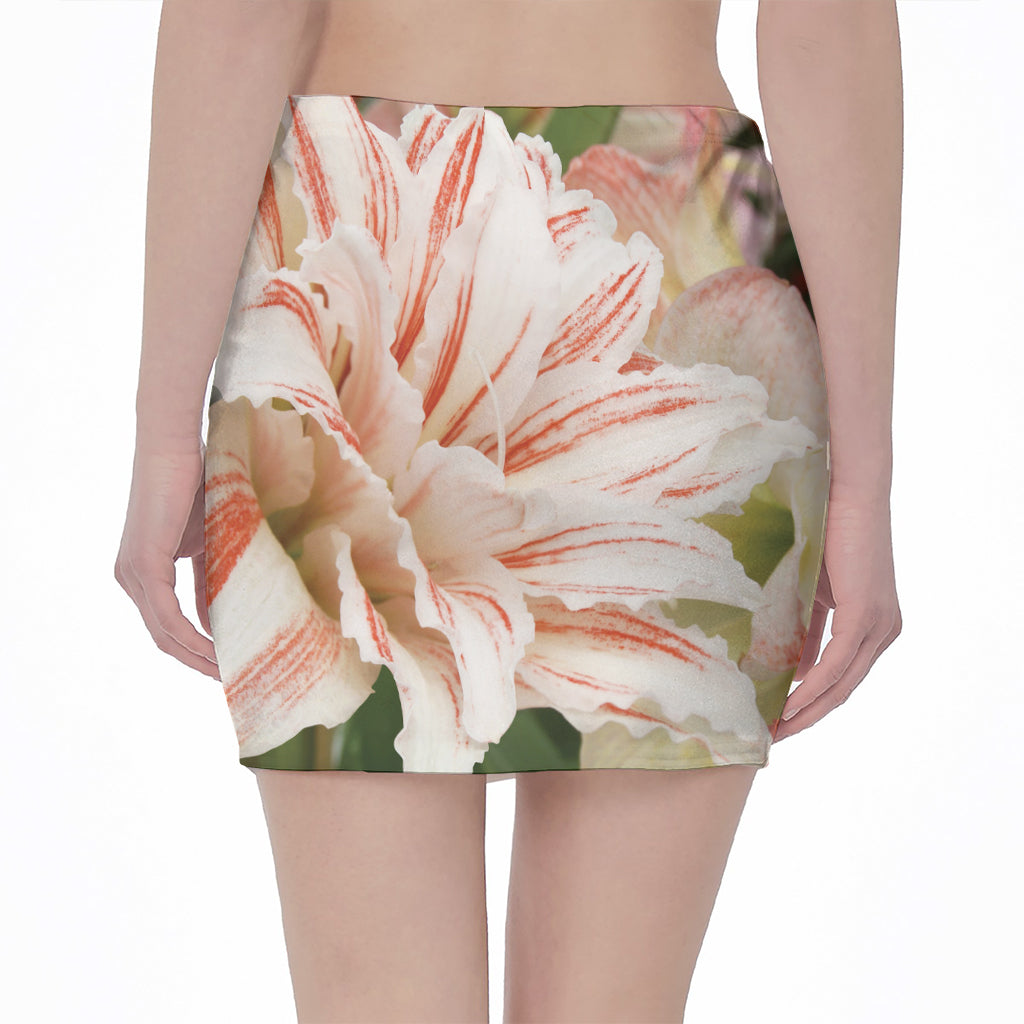 White And Pink Amaryllis Print Pencil Mini Skirt
