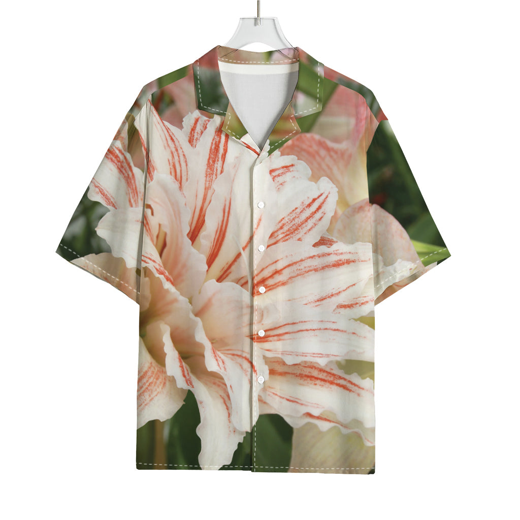 White And Pink Amaryllis Print Rayon Hawaiian Shirt