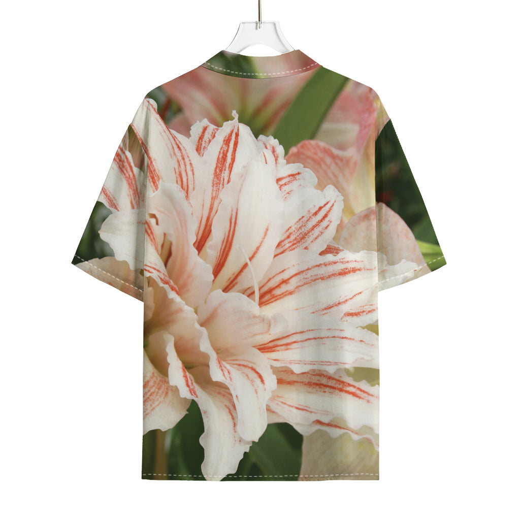 White And Pink Amaryllis Print Rayon Hawaiian Shirt