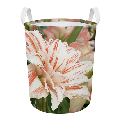 White And Pink Amaryllis Print Round Laundry Basket