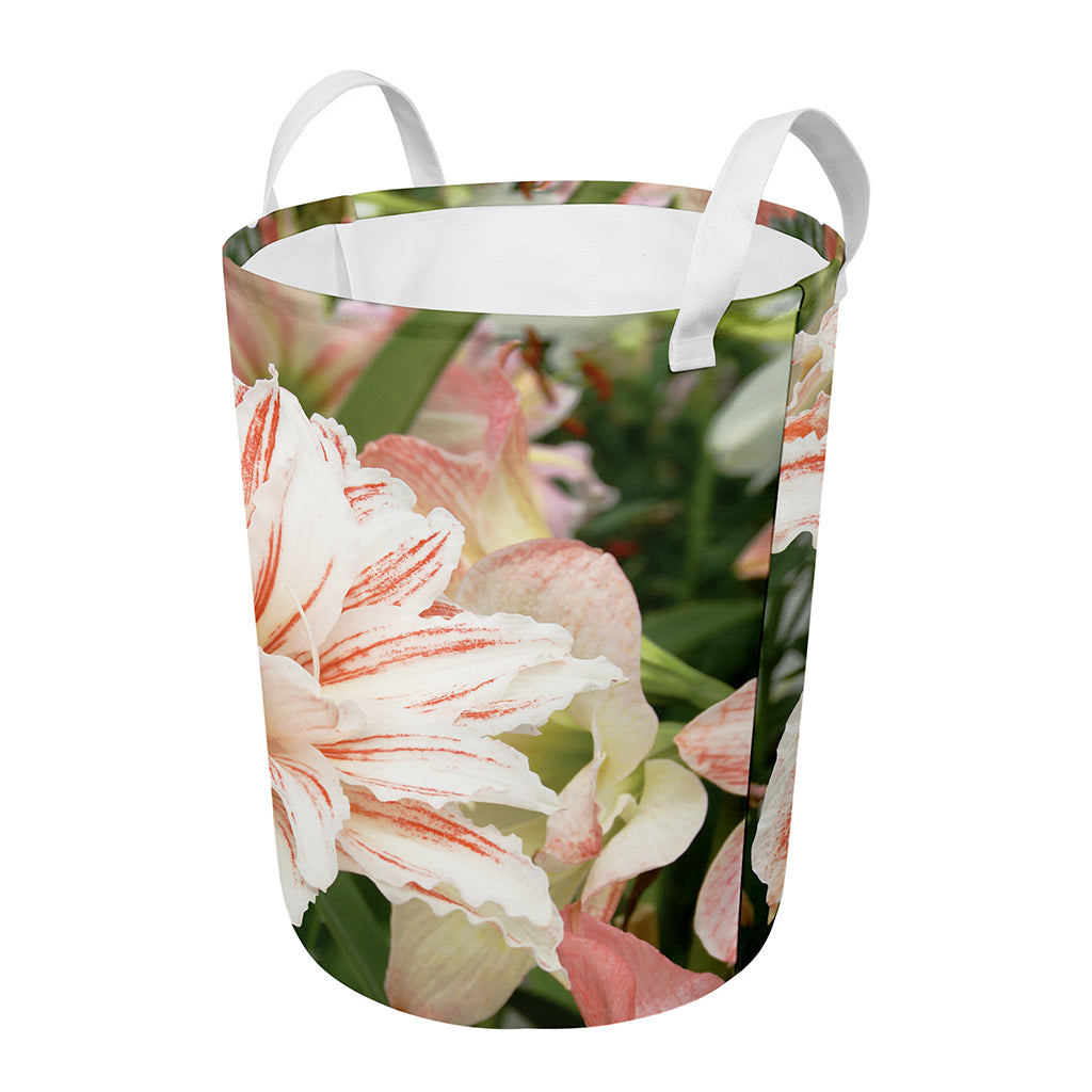 White And Pink Amaryllis Print Round Laundry Basket