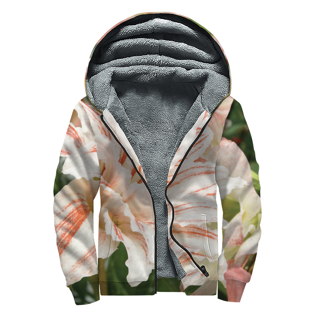 White And Pink Amaryllis Print Sherpa Lined Zip Up Hoodie