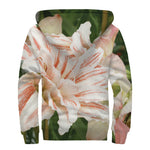 White And Pink Amaryllis Print Sherpa Lined Zip Up Hoodie