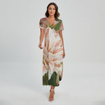 White And Pink Amaryllis Print Short Sleeve Maxi Dress