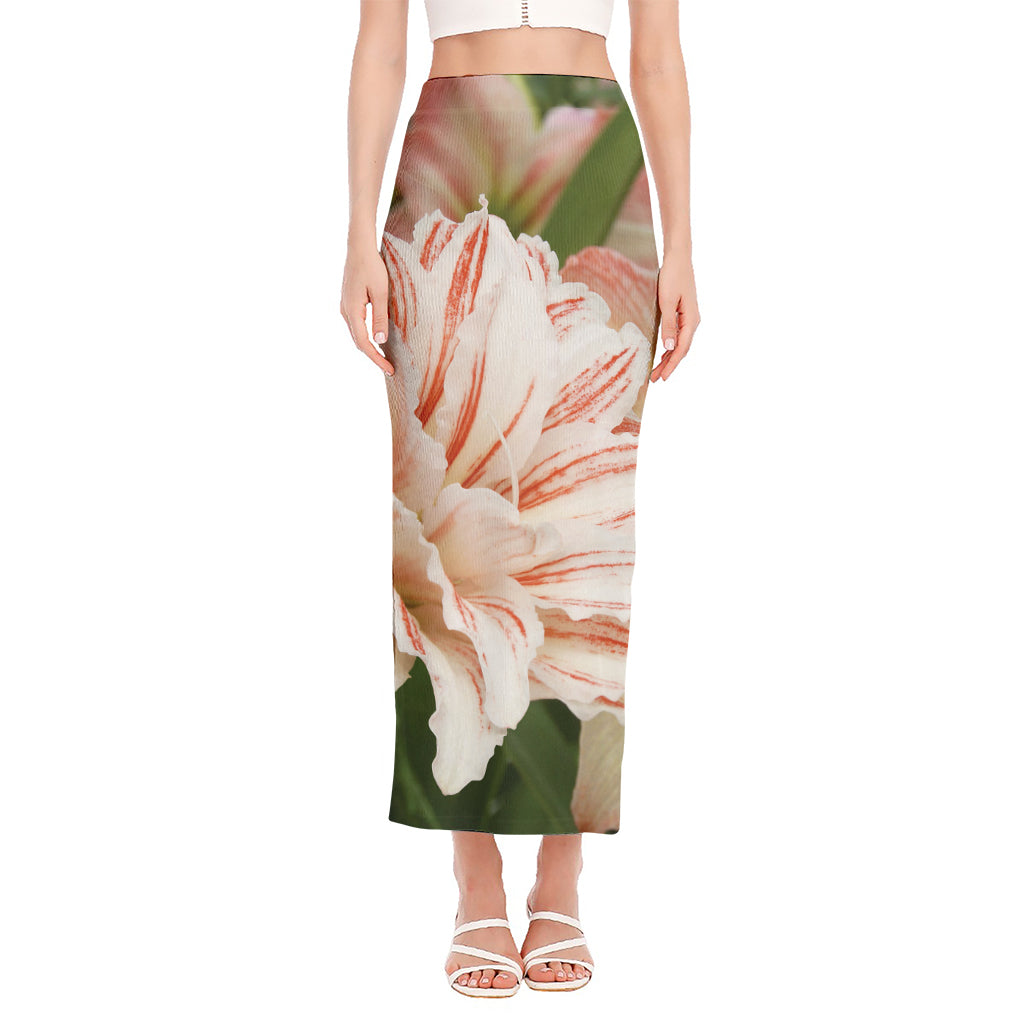 White And Pink Amaryllis Print Side Slit Maxi Skirt