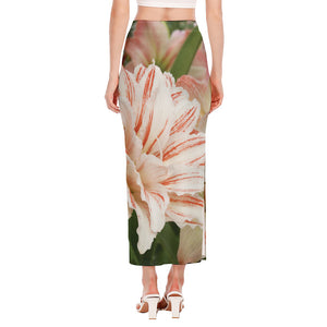 White And Pink Amaryllis Print Side Slit Maxi Skirt