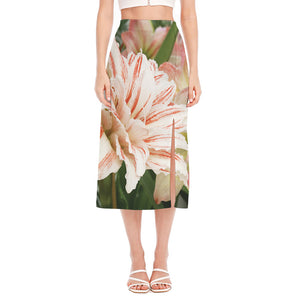 White And Pink Amaryllis Print Side Slit Midi Skirt