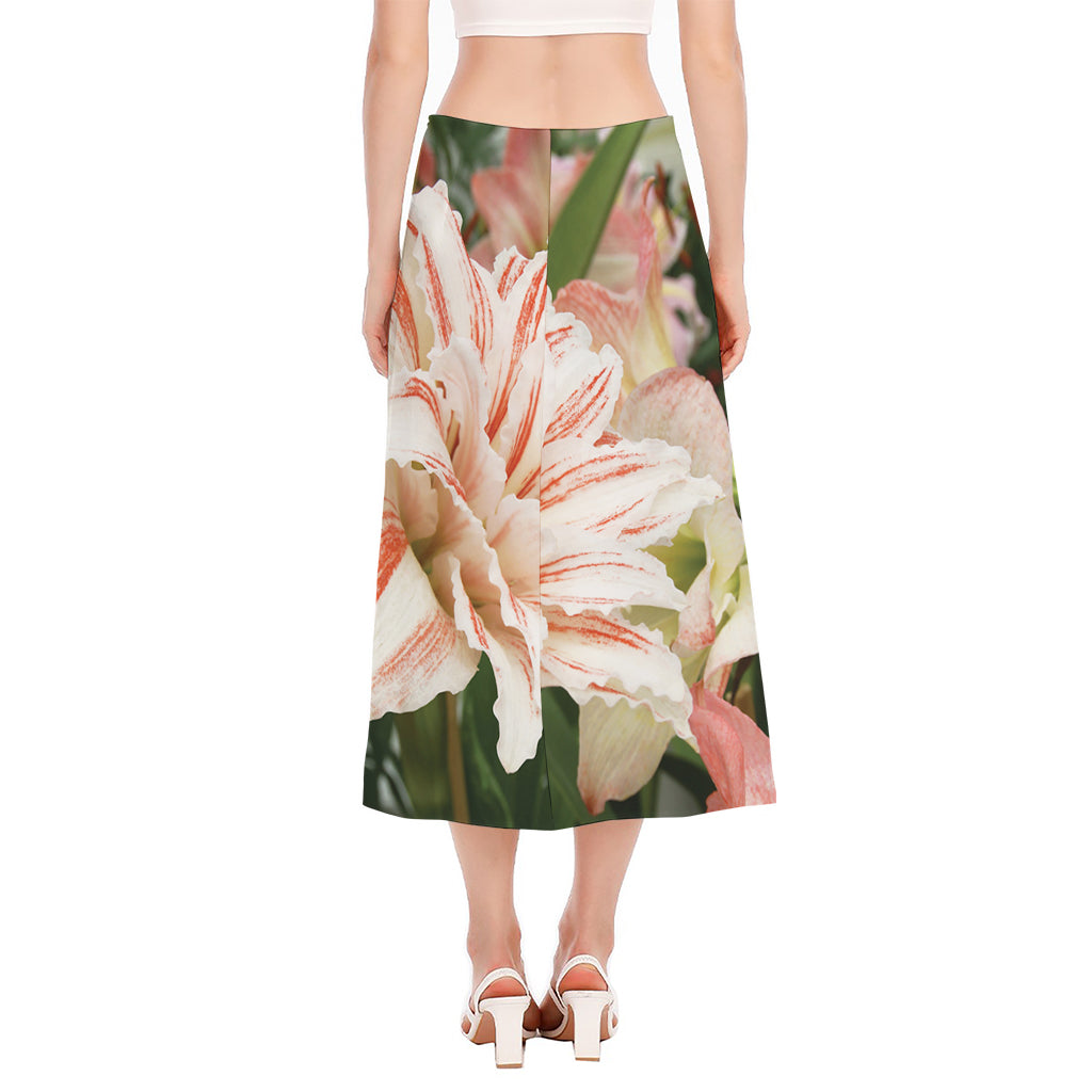 White And Pink Amaryllis Print Side Slit Midi Skirt