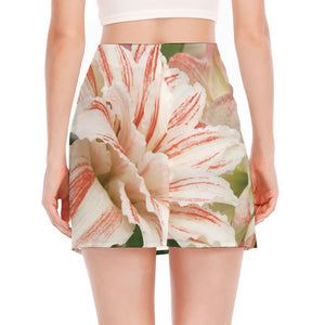 White And Pink Amaryllis Print Side Slit Mini Skirt