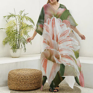 White And Pink Amaryllis Print Silk V-Neck Kaftan Dress