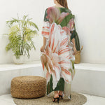 White And Pink Amaryllis Print Silk V-Neck Kaftan Dress