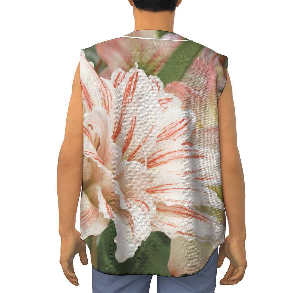 White And Pink Amaryllis Print Sleeveless Baseball Jersey