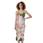 White And Pink Amaryllis Print Slim Fit Midi Cami Dress