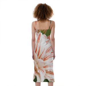 White And Pink Amaryllis Print Slim Fit Midi Cami Dress