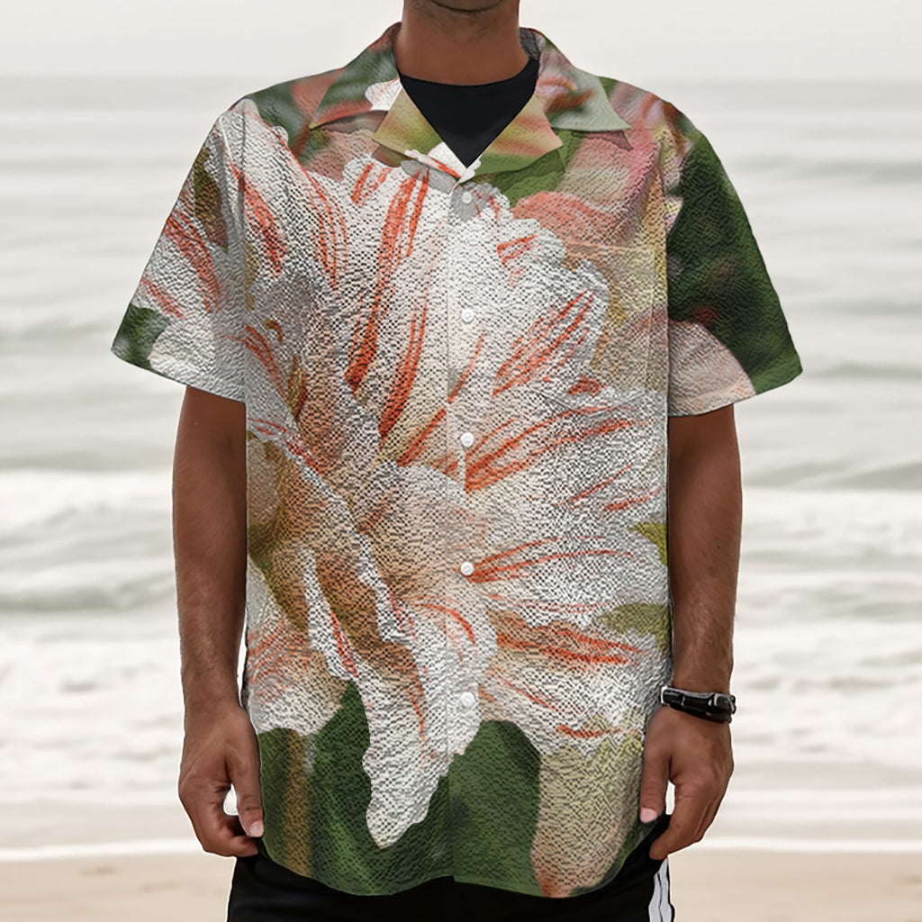 White And Pink Amaryllis Print Textured Short Sleeve Shirt