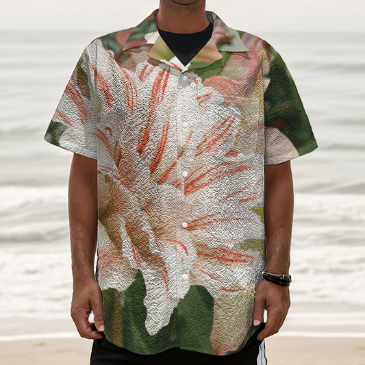 White And Pink Amaryllis Print Textured Short Sleeve Shirt