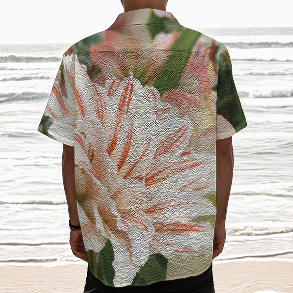 White And Pink Amaryllis Print Textured Short Sleeve Shirt