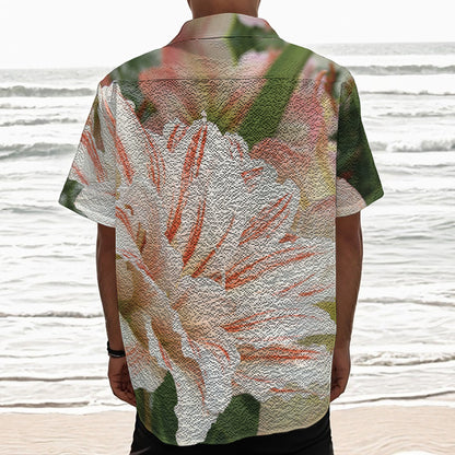 White And Pink Amaryllis Print Textured Short Sleeve Shirt