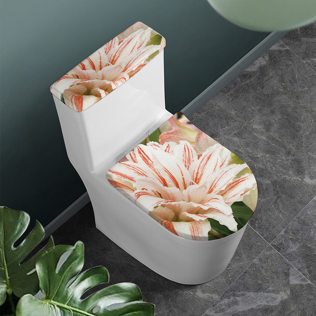 White And Pink Amaryllis Print Toilet Lid And Tank Cover Set