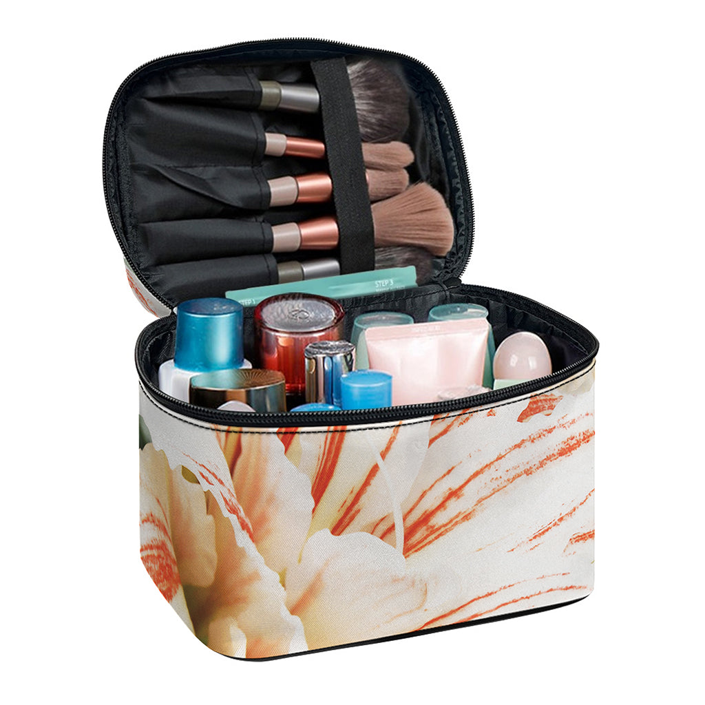 White And Pink Amaryllis Print Travel Makeup Bag