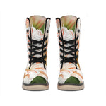 White And Pink Amaryllis Print Winter Boots
