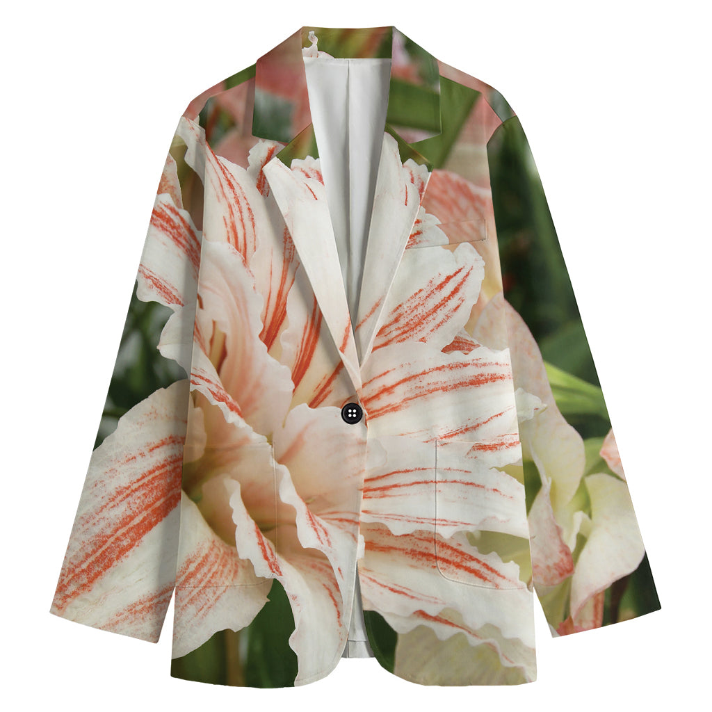 White And Pink Amaryllis Print Women's Blazer