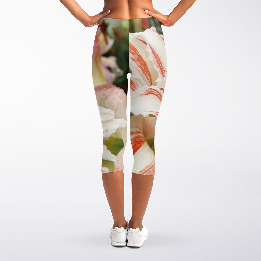 White And Pink Amaryllis Print Women's Capri Leggings