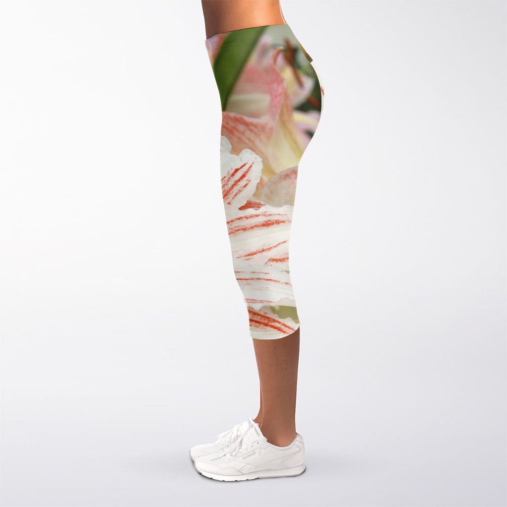White And Pink Amaryllis Print Women's Capri Leggings