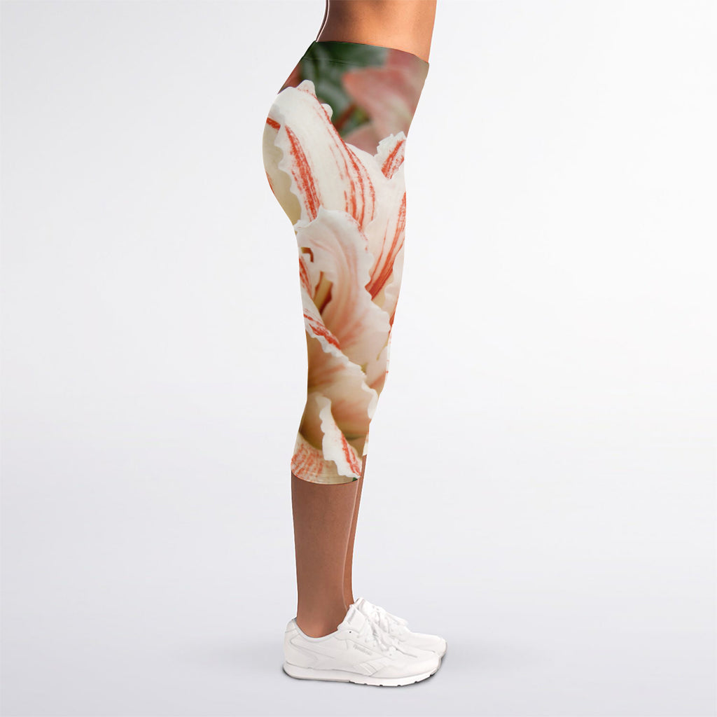 White And Pink Amaryllis Print Women's Capri Leggings