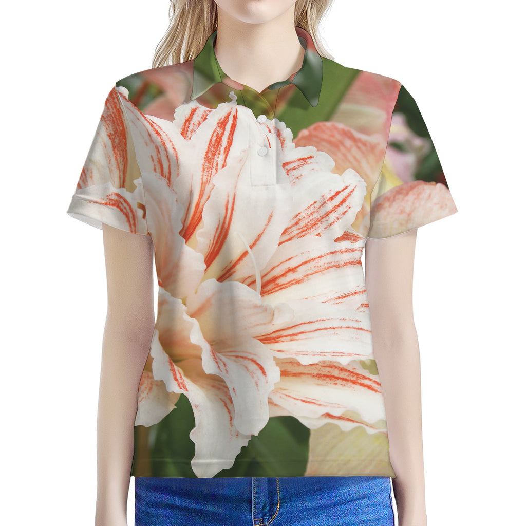 White And Pink Amaryllis Print Women's Polo Shirt