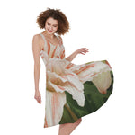 White And Pink Amaryllis Print Women's Sleeveless Dress