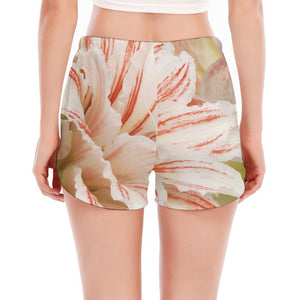 White And Pink Amaryllis Print Women's Split Running Shorts