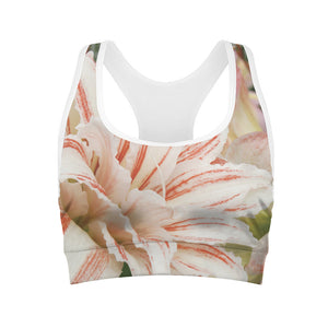 White And Pink Amaryllis Print Women's Sports Bra