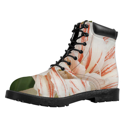 White And Pink Amaryllis Print Work Boots