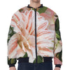 White And Pink Amaryllis Print Zip Sleeve Bomber Jacket