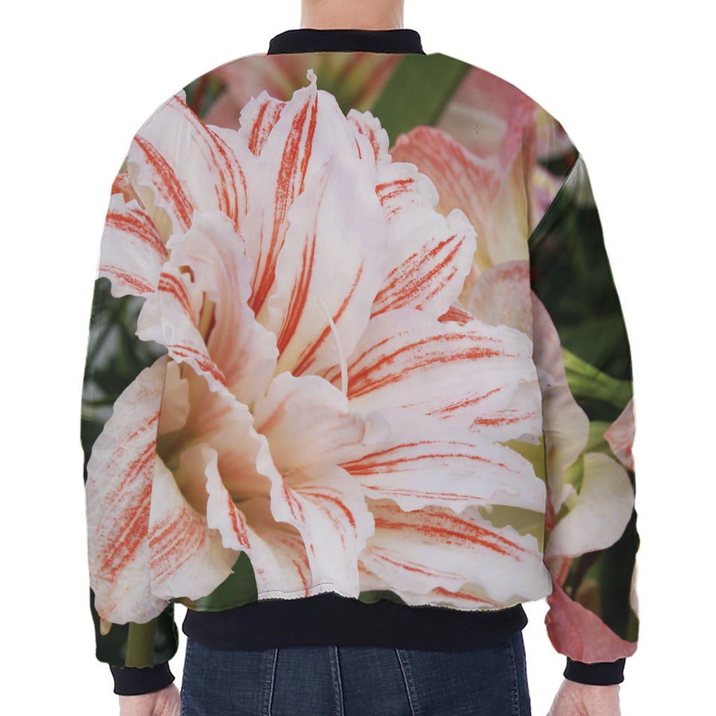 White And Pink Amaryllis Print Zip Sleeve Bomber Jacket