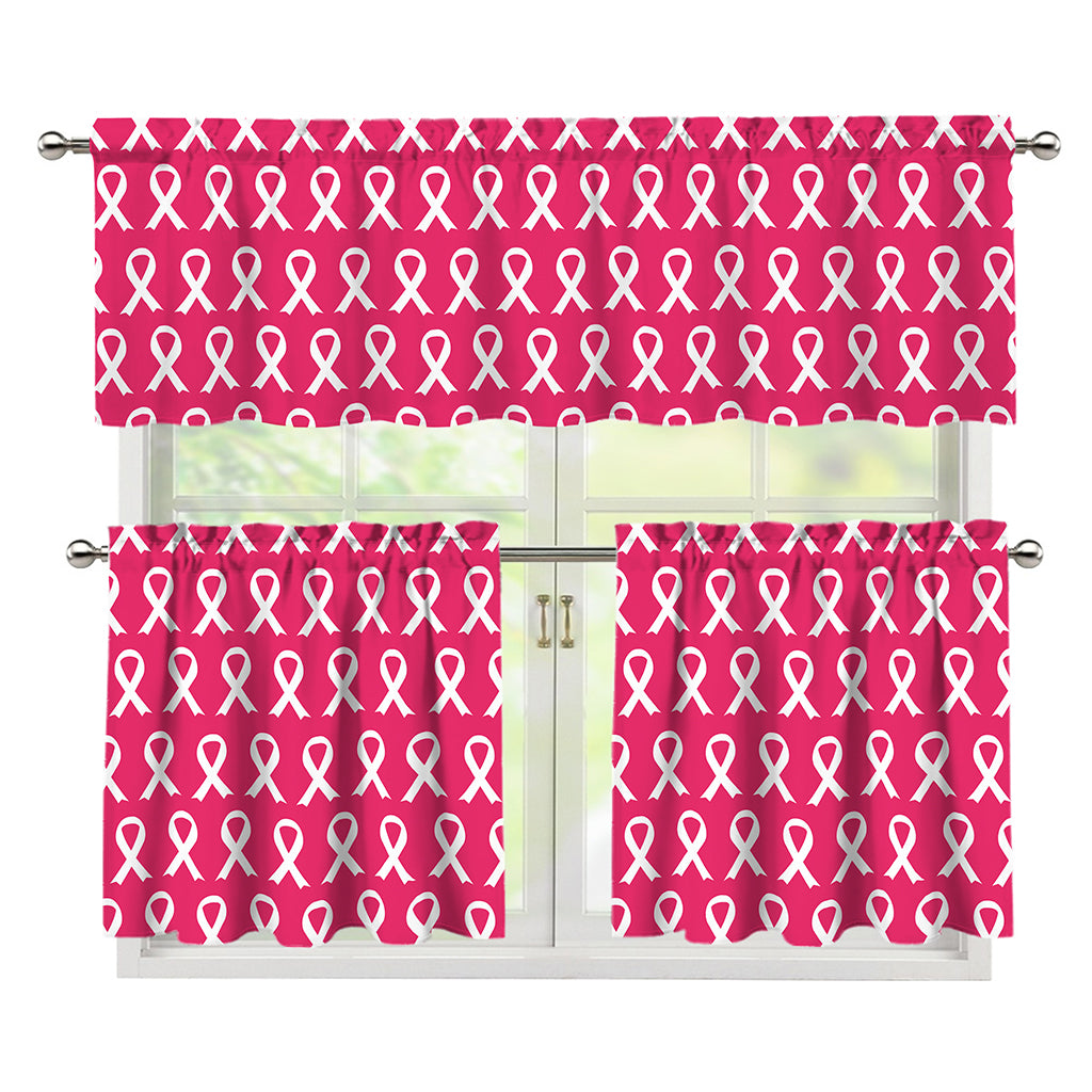 White And Pink Breast Cancer Print 3 Piece Kitchen Curtains