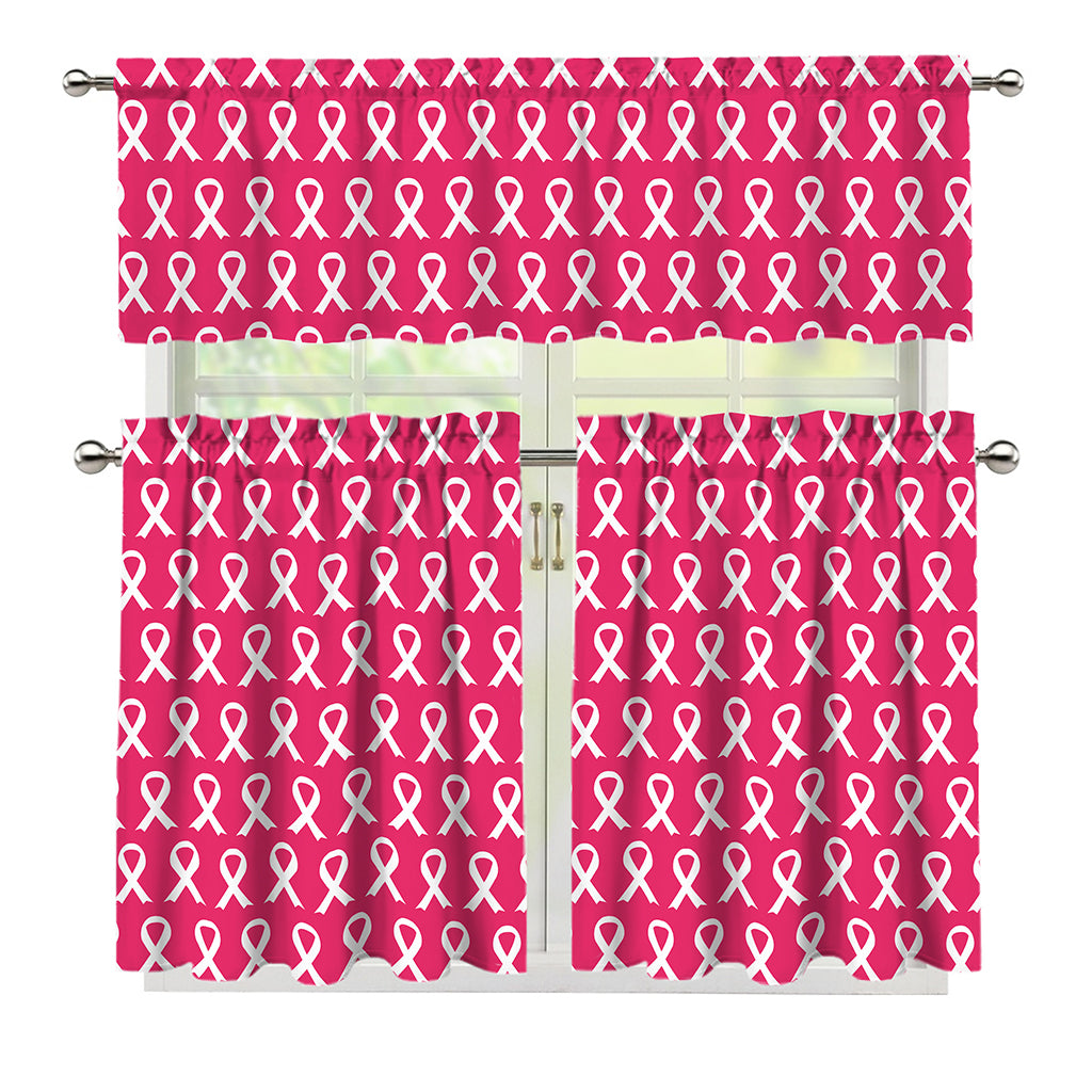 White And Pink Breast Cancer Print 3 Piece Kitchen Curtains