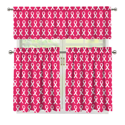 White And Pink Breast Cancer Print 3 Piece Kitchen Curtains