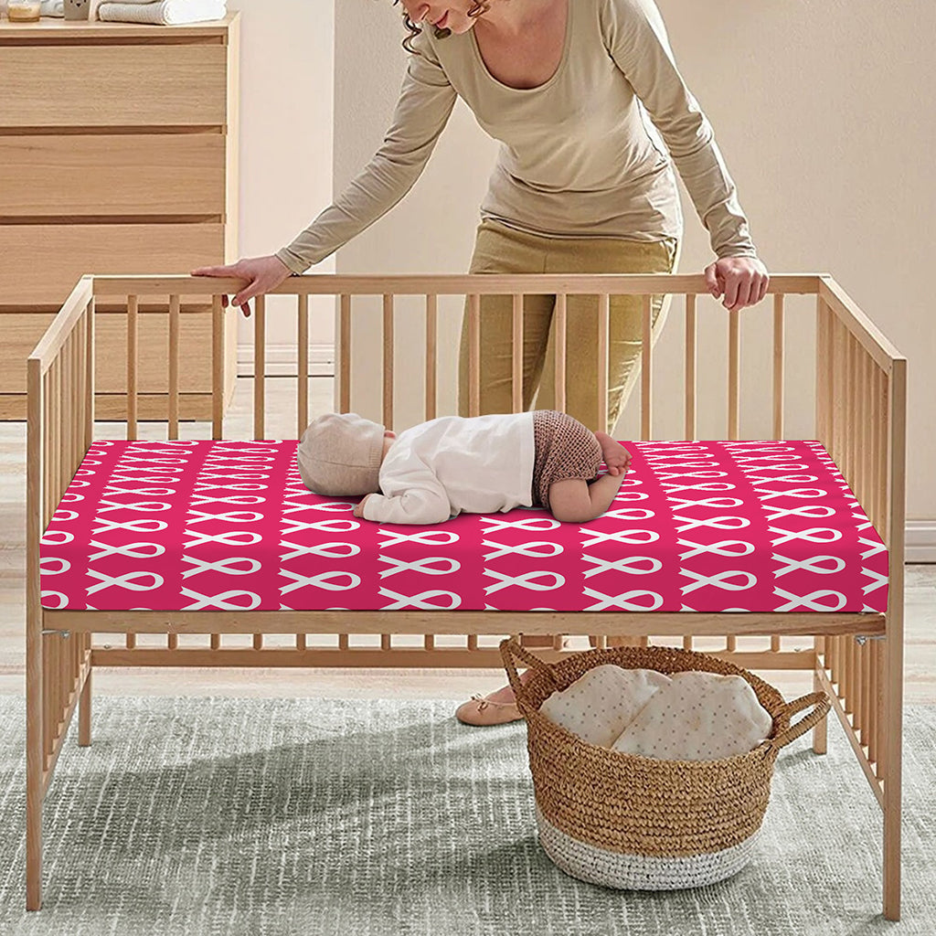 White And Pink Breast Cancer Print Baby Crib Sheet