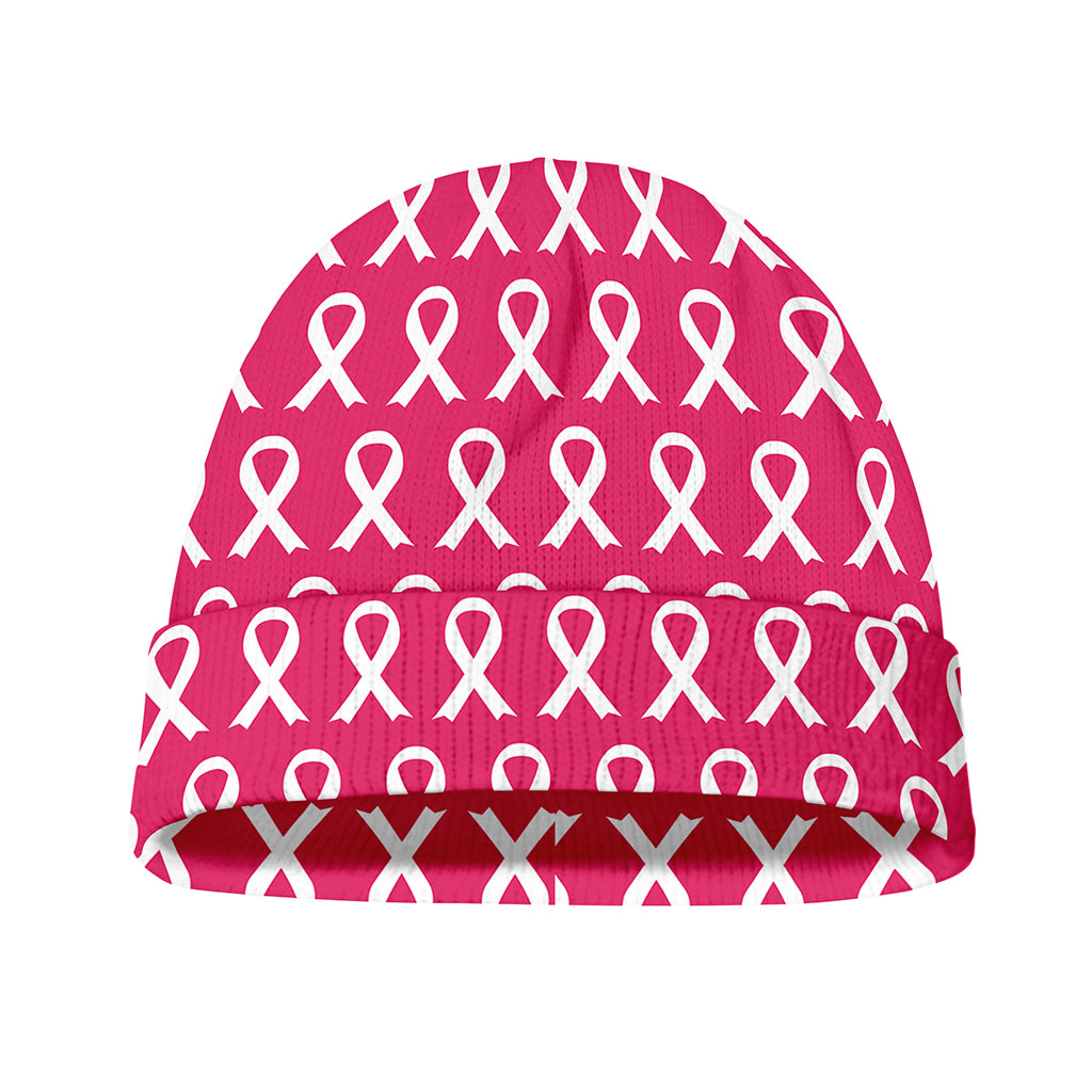 White And Pink Breast Cancer Print Beanie